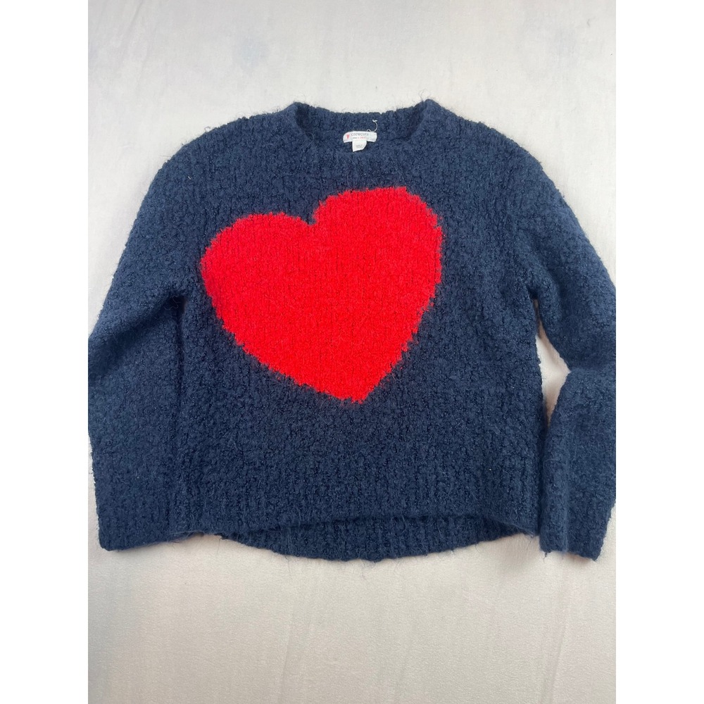 Crewcuts J.Crew Girls Navy Blue Boucle Heart Sweater Size L 10-12 Wool Alpaca
